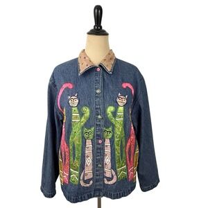 TANTRUMS Cats Denim Jean Jacket Large Applique Embroidered Art to Wear Funky VTG